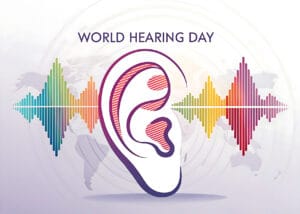 World Hearing Day 2025 illustration featuring an ear with colourful sound waves, symbolising hearing health awareness and early detection.